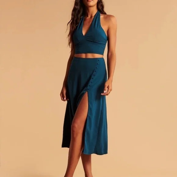 Abercrombie & Fitch Dresses & Skirts - A&F Best Dressed Collection Teal
Crop Halter & High Waist Leg Slit Skirt Set